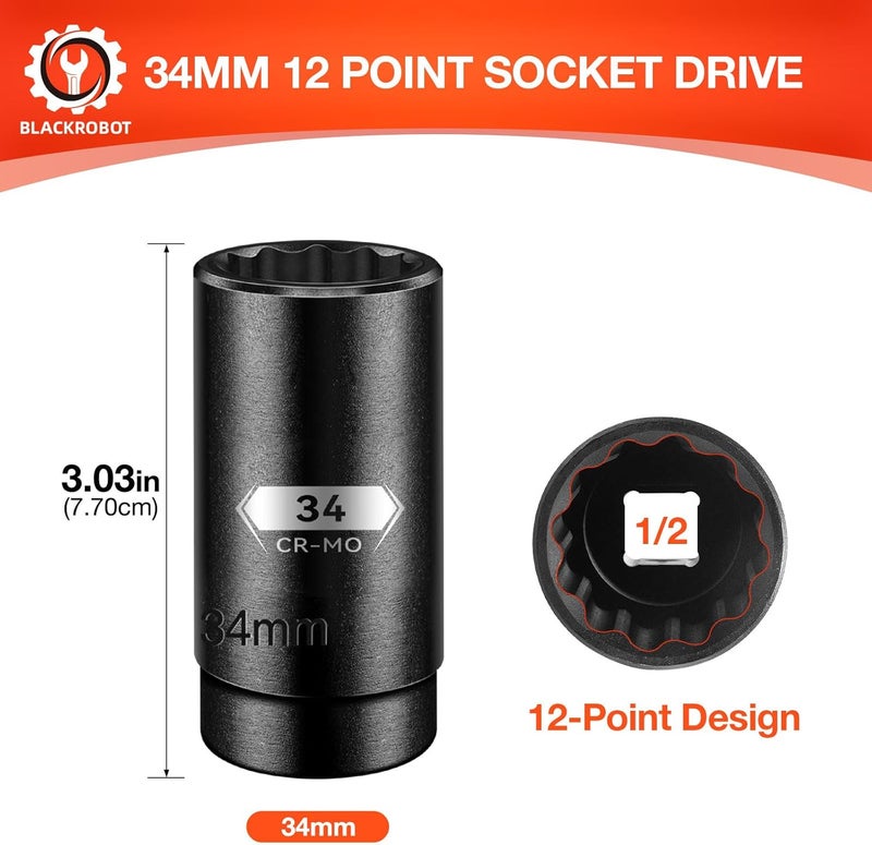 BLACKROBOT 34 mm 12-Point Deep Impact Socket, 1/2 Inch Drive, Metric, Black Manganese Phosphate Coating - Image 2